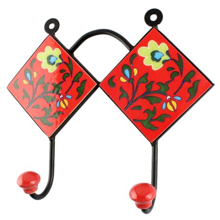 Red With Forest Green Leaf Flower Ceramic Tile Hook